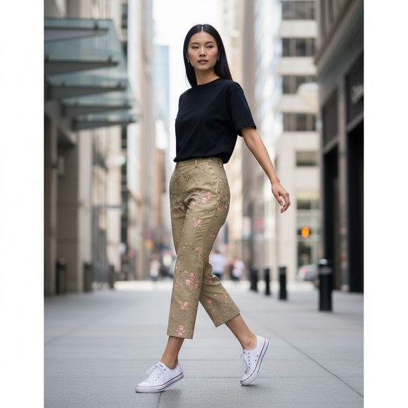 Petite Sophisticate Pants - 90s Silk capri embroidered pants fully-lined tan coral moss-green floral cropped